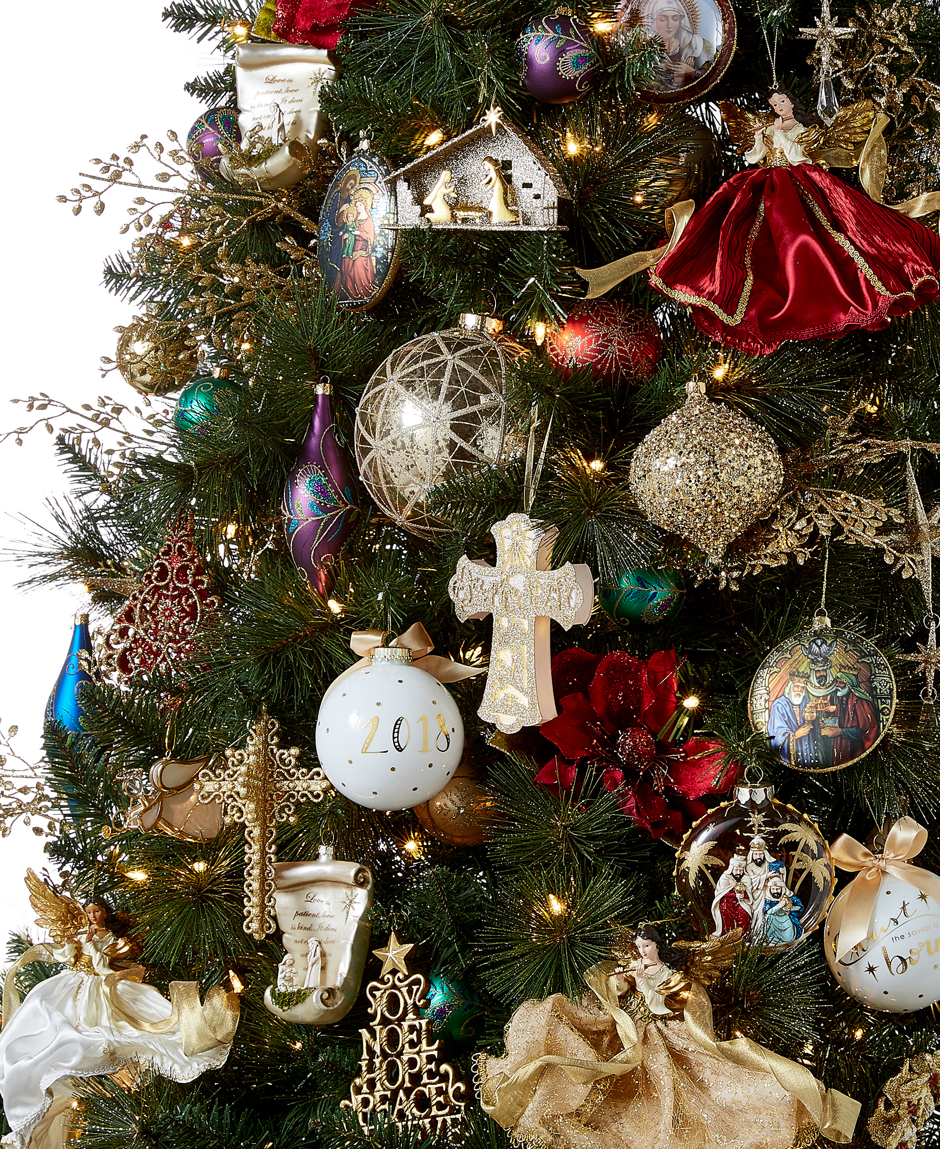 Detailed shot of festive Christmas ornaments on a tree