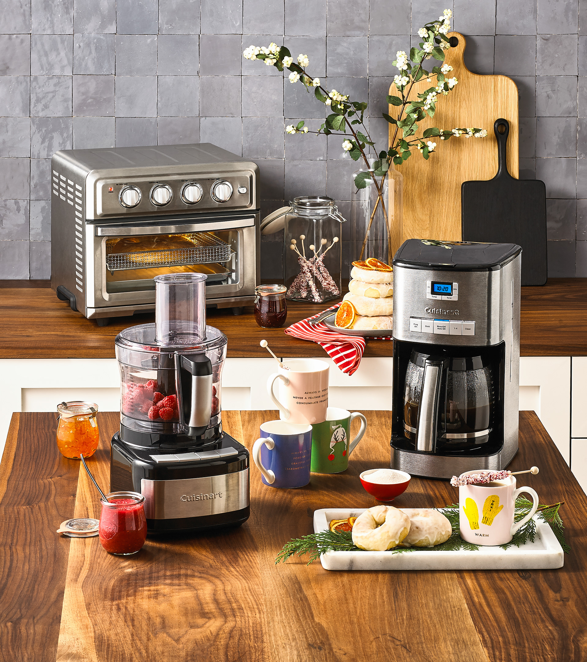 Product shot of Cuisinart kitchen appliances on a wooden counter