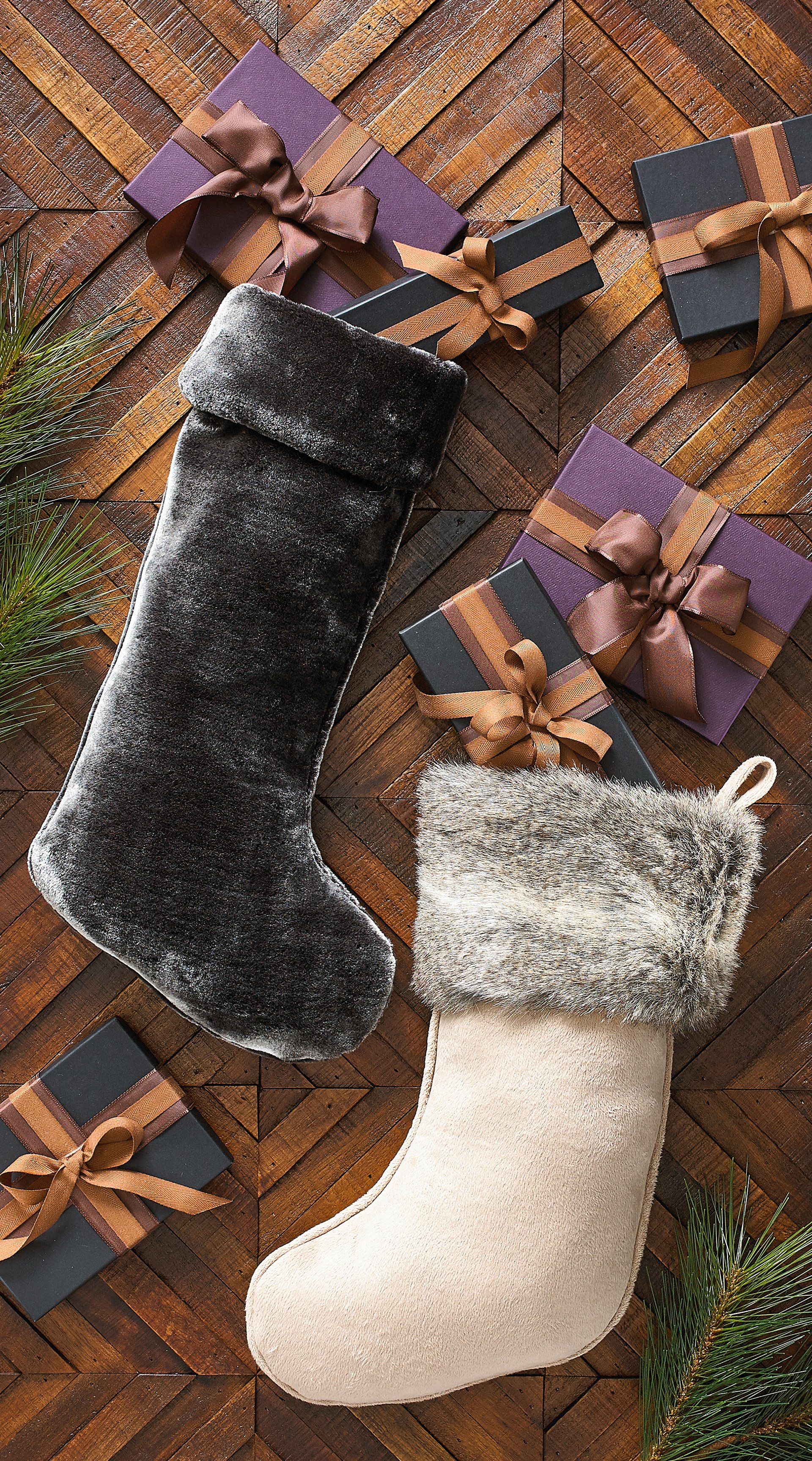Festive flat-lay of holiday stockings and gifts