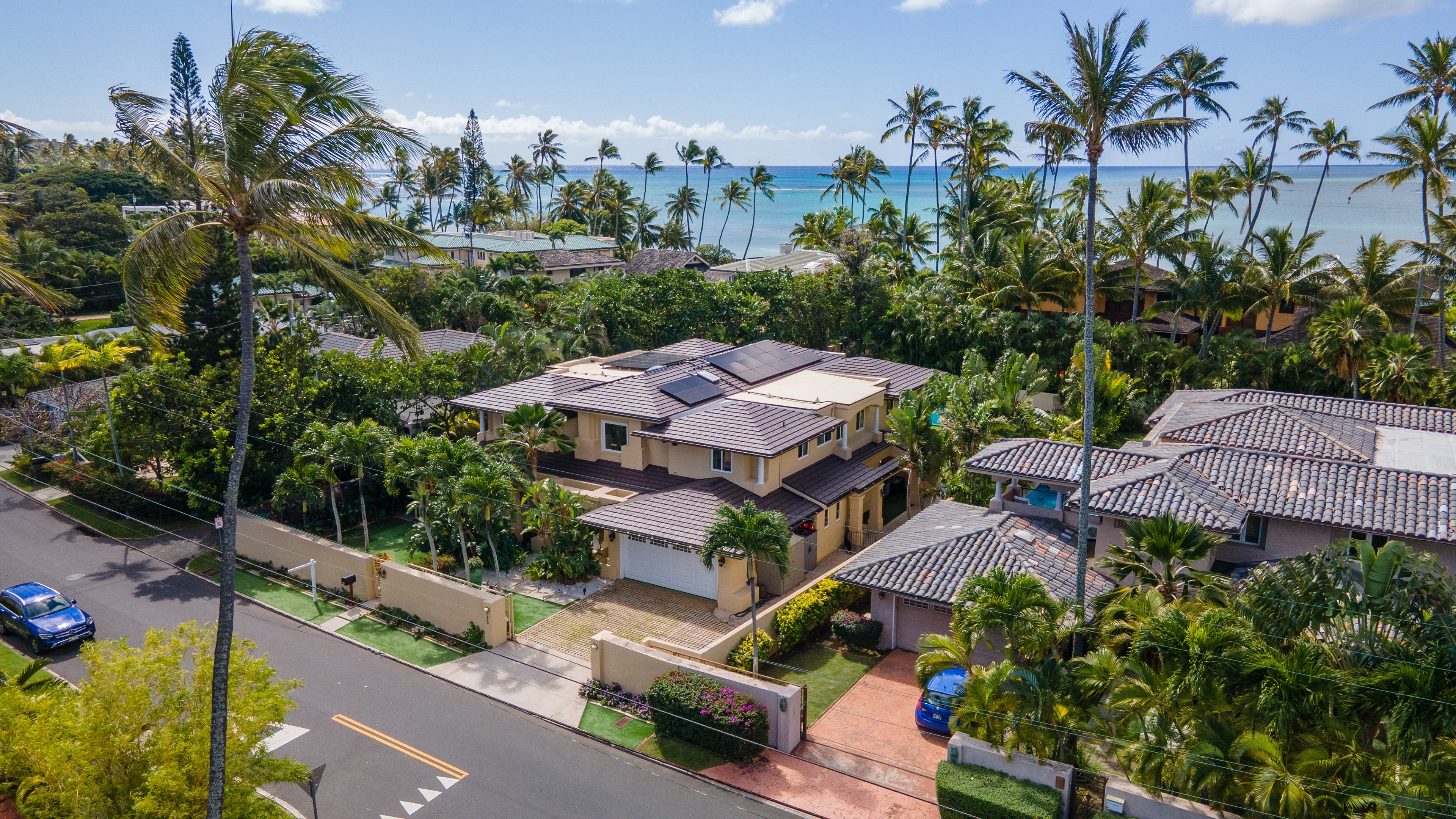 Aerial view of a luxury beachfront property surrounded by palm trees