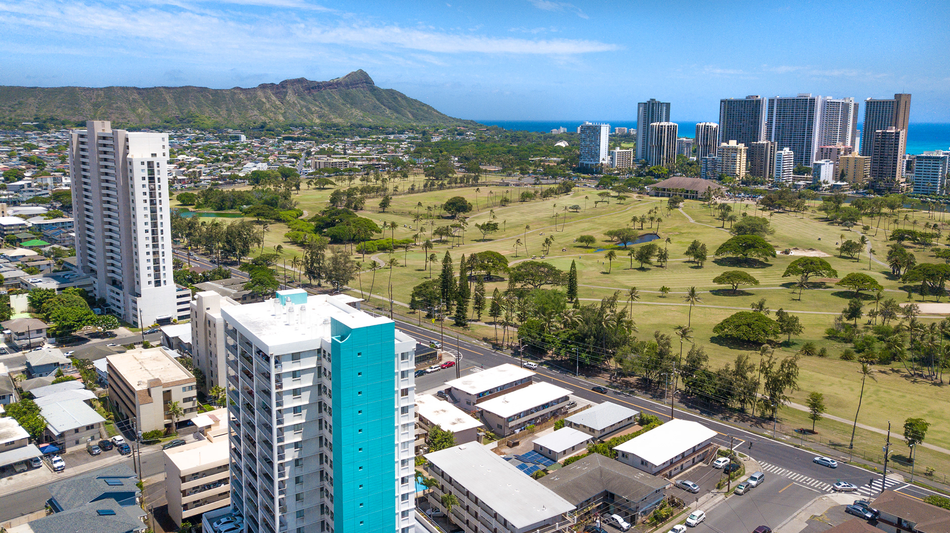 Aerial drone shot of Honolulu with Diamond Head in the background