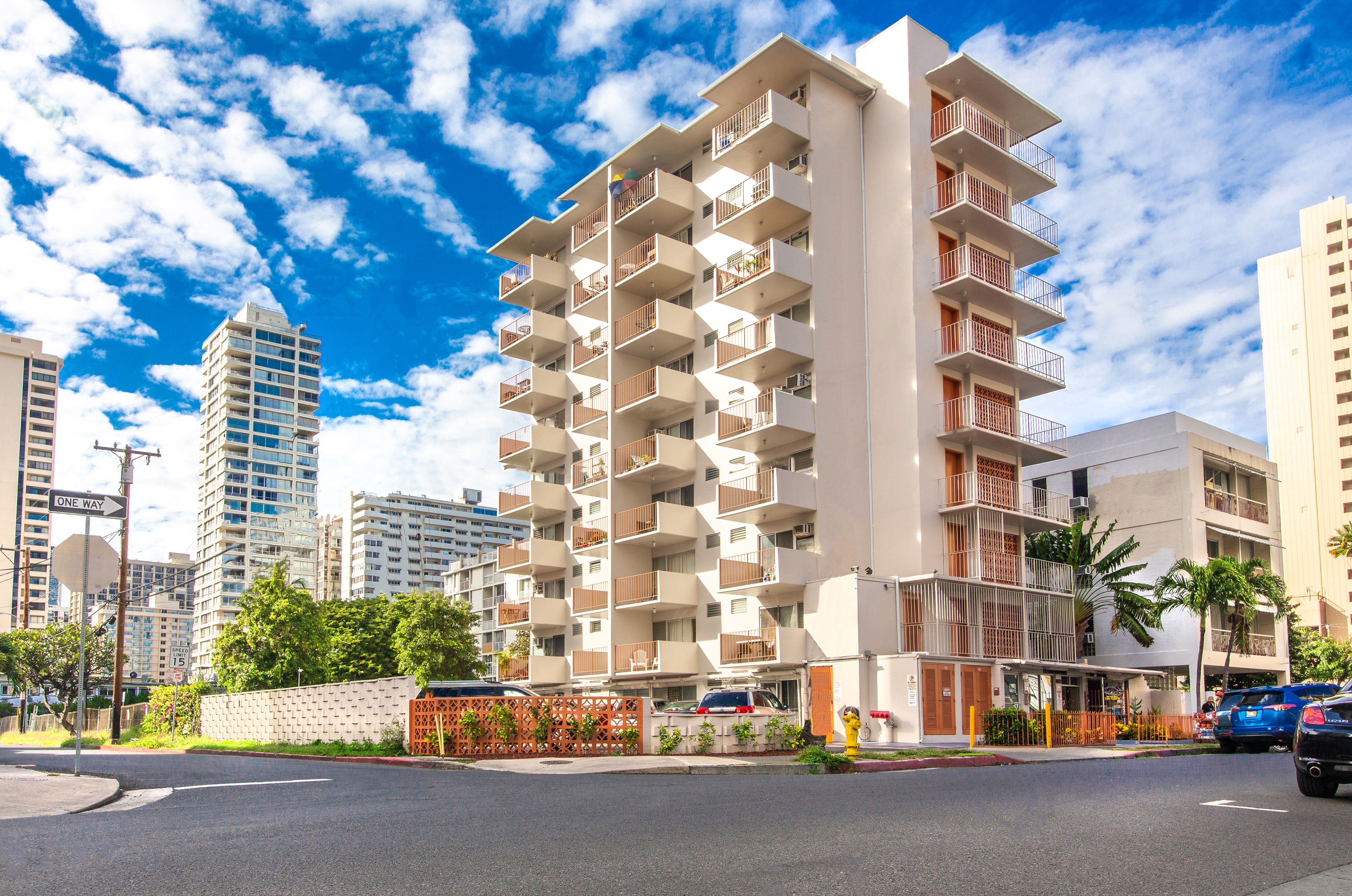 Vibrant daylight shot of a city apartment building