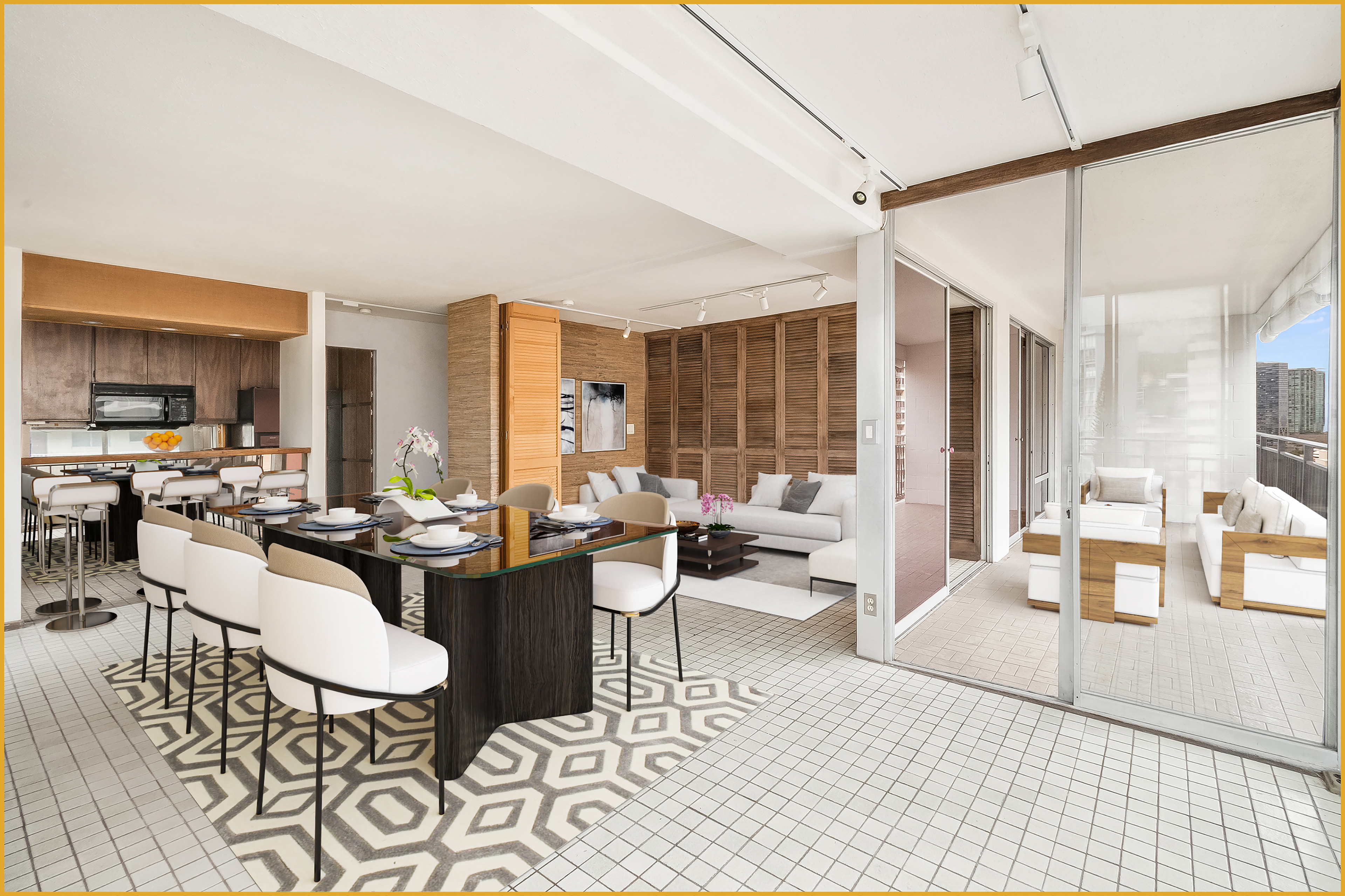 Modern open-plan living and dining area in a high-rise